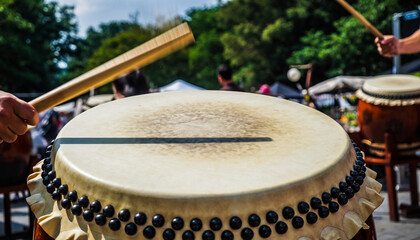 Fototapeta premium Close-Up of Japanese Taiko Drum in Outdoor Performance