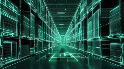 Futuristic digital warehouse organizing parcels and logistics data