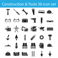36 Construction & Tool Icons – Black Silhouettes for Engineering, Safety Equipment & Interface Design