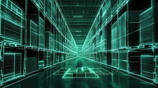 Futuristic digital warehouse organizing parcels and logistics data
