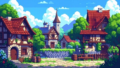 Pixel Art Collection of Medieval Village Elements and Resources. Explore this vibrant