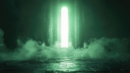 Fototapeta premium Futuristic green light portal emerging from smoke