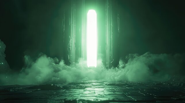 Futuristic green light portal emerging from smoke