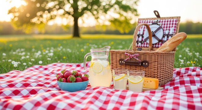 A picnic basket filled with bread, fruits, and drinks on a red and white checkered blanket in a green field with a tree in the background. - Powered by Adobe