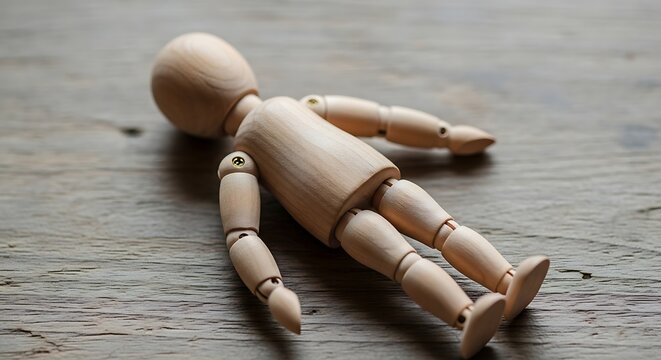 Wooden mannequin figure lying down on rustic wooden surface backdrop - Powered by Adobe