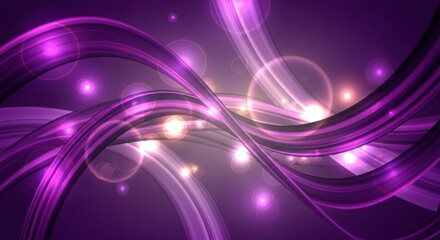 Purple and black abstract waves with glowing lights and sparkles on a dark background.