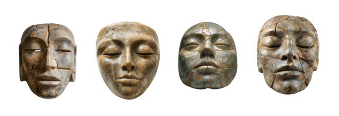 Four ancient stone masks with closed eyes and weathered texture isolated on transparent background