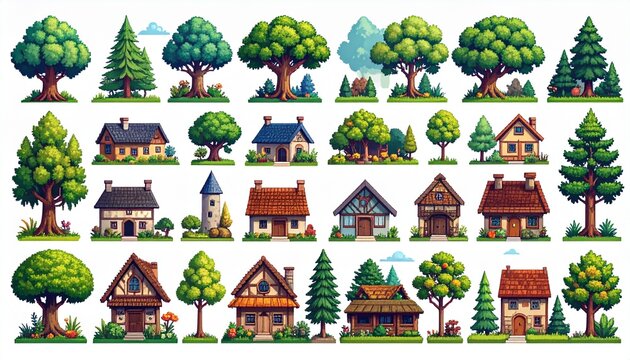 Vintage Pixel Art Set of Environment Assets for Video Games. Explore a collection
