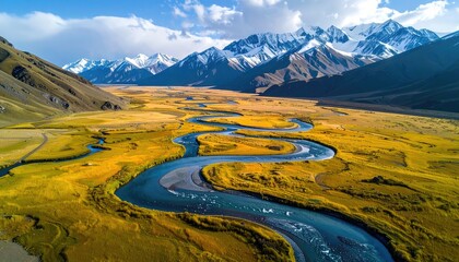Aerial view of a winding river flowing through a golden meadow, framed by snow-capped mountains under a blue sky