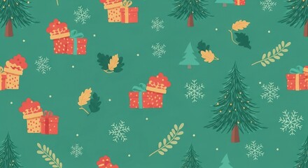 A green and red Christmas-themed pattern with presents, snowflakes, and pine trees on a green background.