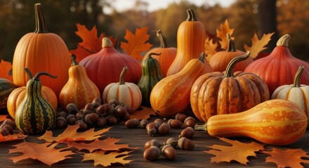 A variety of pumpkins and gourds with autumn leaves on a wooden table.