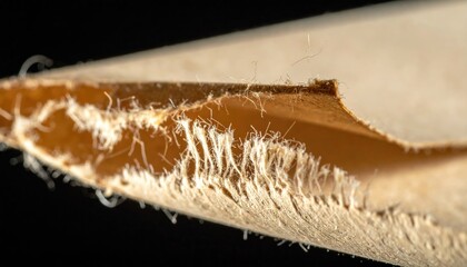 Macro shot revealing the rough edge of a split piece of fibrous material, showcasing texture and detail against black