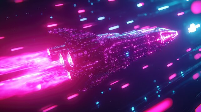 Futuristic spaceship traveling through cyber space data streams