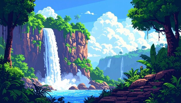 Jungle cliff with waterfall in pixel art style with lush greenery. A retro-style pixe 