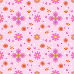 Fototapeta premium Seamless floral pattern with cute hearts and stars in pink and purple 