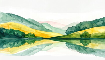 Watercolor landscape depicting rolling hills and a serene lake mirroring the scenery. Soft hues of green, yellow, and blue create a tranquil atmosphere