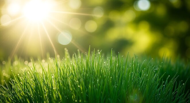 Closeup of fresh green grass with water droplets glistening in the morning sunlight, creating a serene and vibrant natural scene