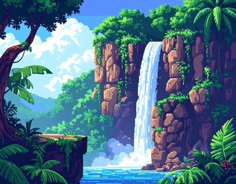 Jungle cliff with waterfall in pixel art style with lush greenery. A retro-style pixe 