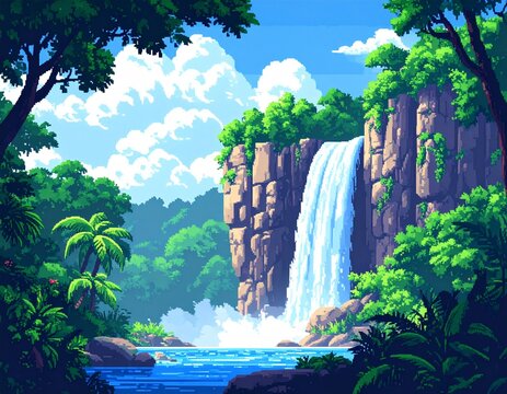 Jungle cliff with waterfall in pixel art style with lush greenery. A retro-style pixe