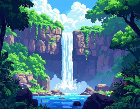 Jungle cliff with waterfall in pixel art style with lush greenery. A retro-style pixe 