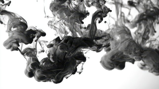 Swirling black ink creating abstract patterns in water against a white background