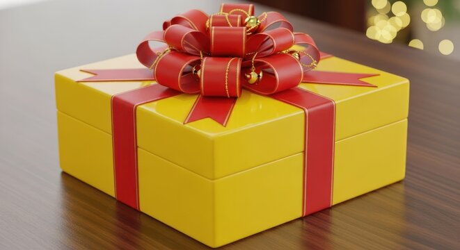 A yellow gift box with a red ribbon and bow on a wooden table. - Powered by Adobe