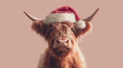 a delightful highland cow dons a festive santa hat against a soft pastel background capturing the holiday spirit in a unique artistic style