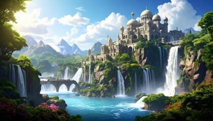 Fantasy Palace Waterfall Landscape. A majestic palace sits atop a cliffside, cascadin