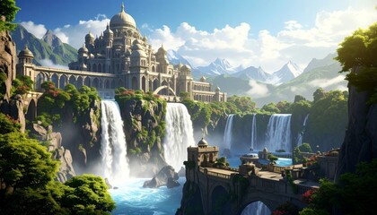 Fantasy Palace Waterfall Landscape. A majestic palace sits atop a cliffside, cascadin