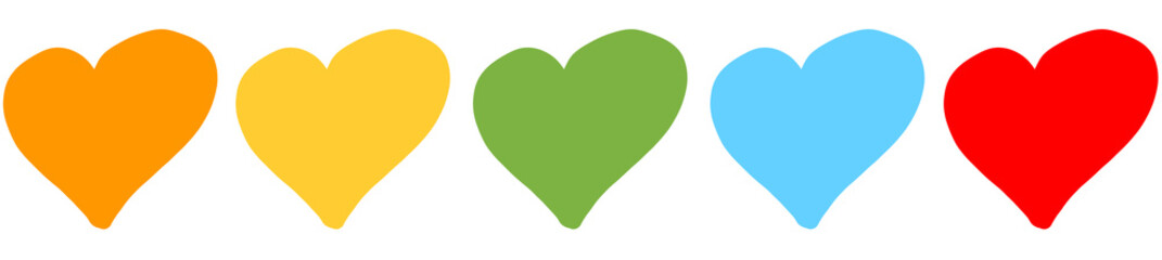 Colorful heart set on transparent background. Collection of hand-drawn hearts in red, blue, orange, yellow and green colors. Love symbol. Multiple heart clipart PNG.