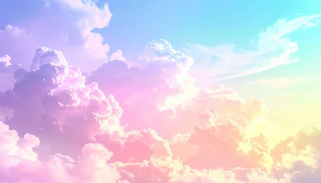 Dreamy pastel clouds fill the sky, merging soft pinks, purples, yellows, and blues into a serene, ethereal vista - Powered by Adobe