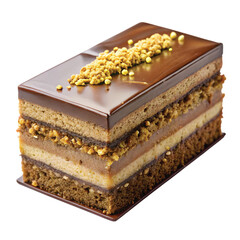 Chocolate Hazelnut Praline Layer Slice: A rectangular slice of chocolate hazelnut praline cake with crisp and mousse layers, topped with gold dust, isolated PNG.