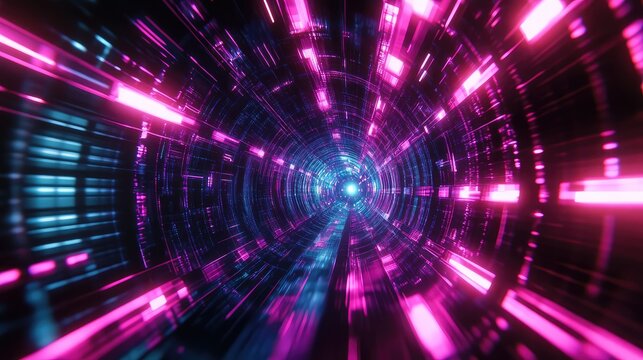 Abstract futuristic data tunnel with glowing neon light - Powered by Adobe
