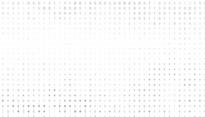 Fading binary code and dots create a textured gradient effect on a white background, suggesting technology and data