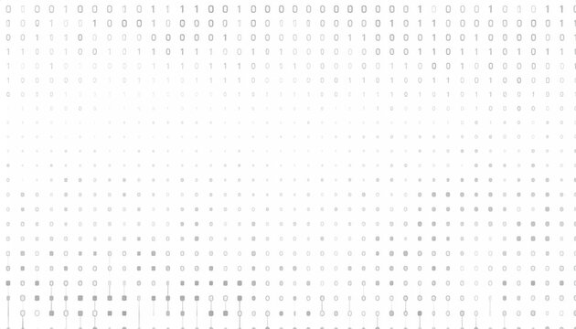 Fading binary code and dots create a textured gradient effect on a white background, suggesting technology and data