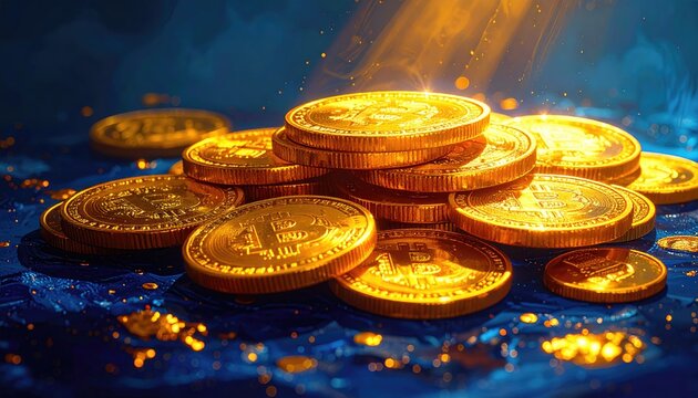 A luminous, artistic rendering of gold coins, reminiscent of Bitcoin symbols, stacked on a textured blue surface under divine light - Powered by Adobe