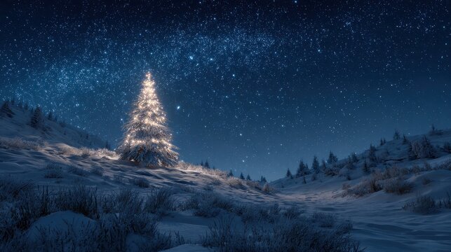 a festive christmas tree glows in a snowy landscape under a starry sky creating a magical winter wonderland - Powered by Adobe