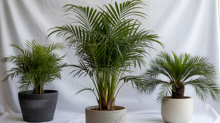 Three potted palm trees on a wooden table