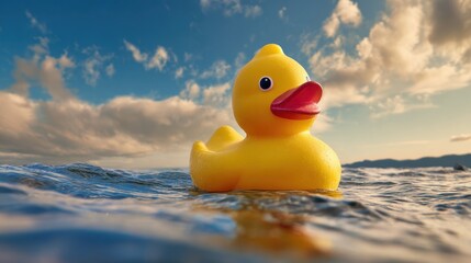 Bright yellow rubber duck floats on calm ocean waves under a scenic sky during a beautiful sunset