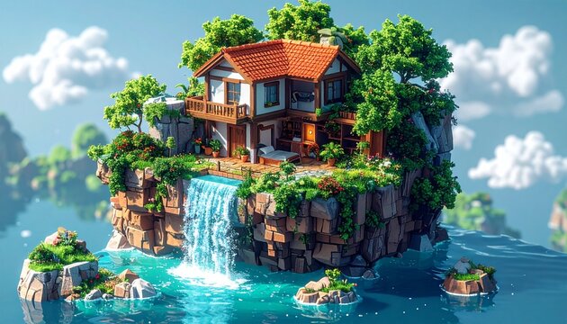 Voxel Art Fantasy Island Home with Waterfall. A charming isometric voxel art renderin