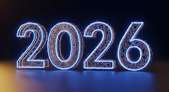 Glowing Neon Numbers for 2026 New Year Celebration and Future Technological Advancements Concept