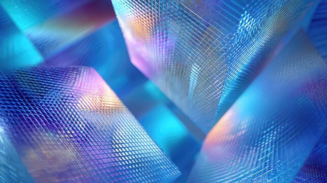 Iridescent blue geometric abstract grid refracting light waves