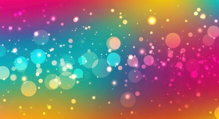 A vibrant, colorful abstract background with a gradient of pink, blue, and yellow hues, adorned with floating, round, and circular shapes in various sizes and colors.