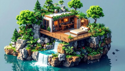 Voxel Art Fantasy Island Home with Waterfall. A charming isometric voxel art renderin