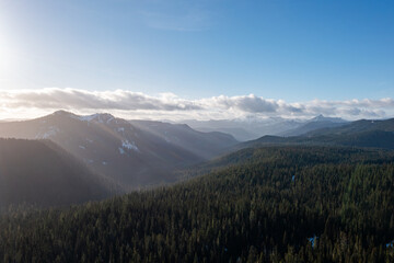 Aerial drone picture of evergreen forest covered with patches of snow at sunset in PNW -Washington State, USA. Top down view of pine trees perfect scenic background for nature or travel lovers
