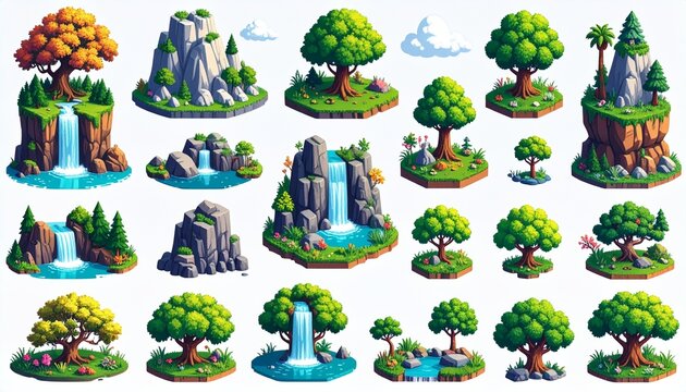 Pixelated Nature Elements Featuring Trees Rocks and Waterfalls. A collection of pixel 
