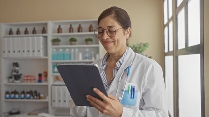 Woman doctor in white coat with stethoscope holds tablet with both hands reading data in clinic consultation room near window; confidence. - Powered by Adobe