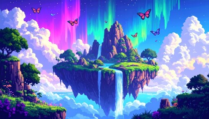  Vibrant Pixelated Landscape of Floating Island on Sky With Butterflies and Auroras 