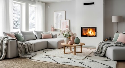 Modern living room with fireplace, sofa, and rug interior design style