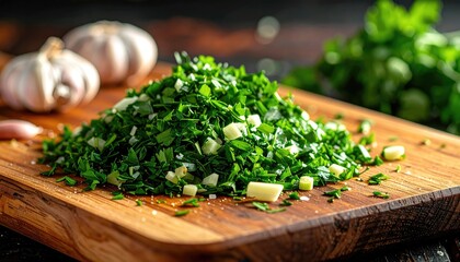 Close-up of chopped green herbs and garlic cloves on a wooden cutting board with two garlic bulbs in the background